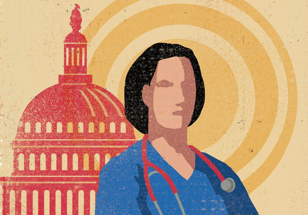 Illustration of a nurse in front of the U.S. Capitol