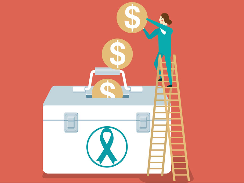 Illustration of a person putting coins in a cancer first aid kit
