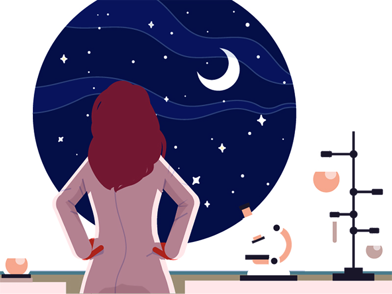 Illustration of a cancer researcher looking out a window to the moon