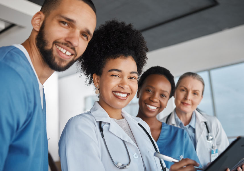 A diverse group of nurses by age, gender, and race
