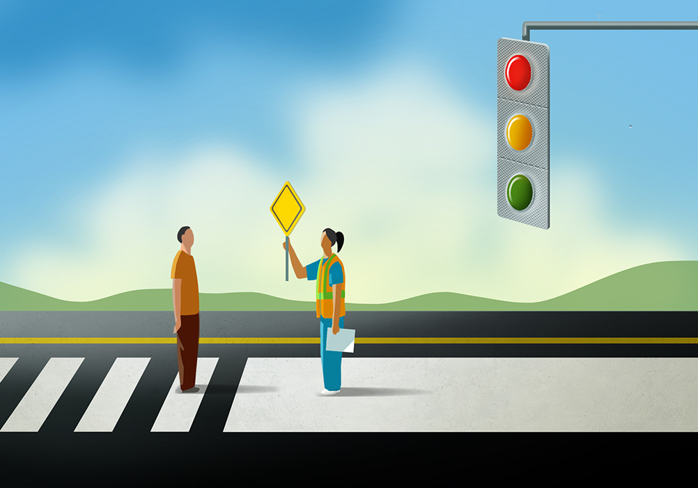 illustration of a pill stoplight for the FDA drug approval process