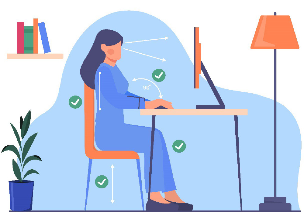 woman looking at laptop sitting at desk demonstrating ergonomics in an illustration