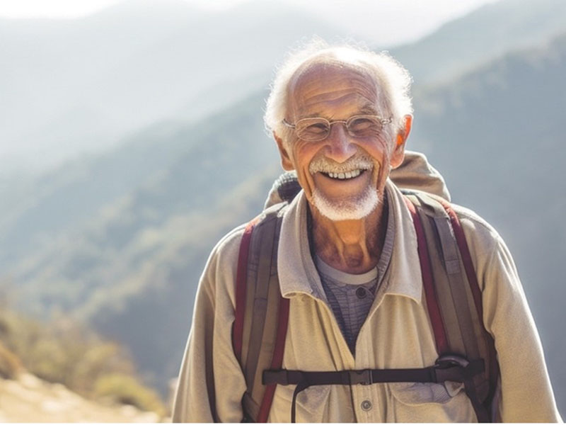 Older man wearing a hiking backpack