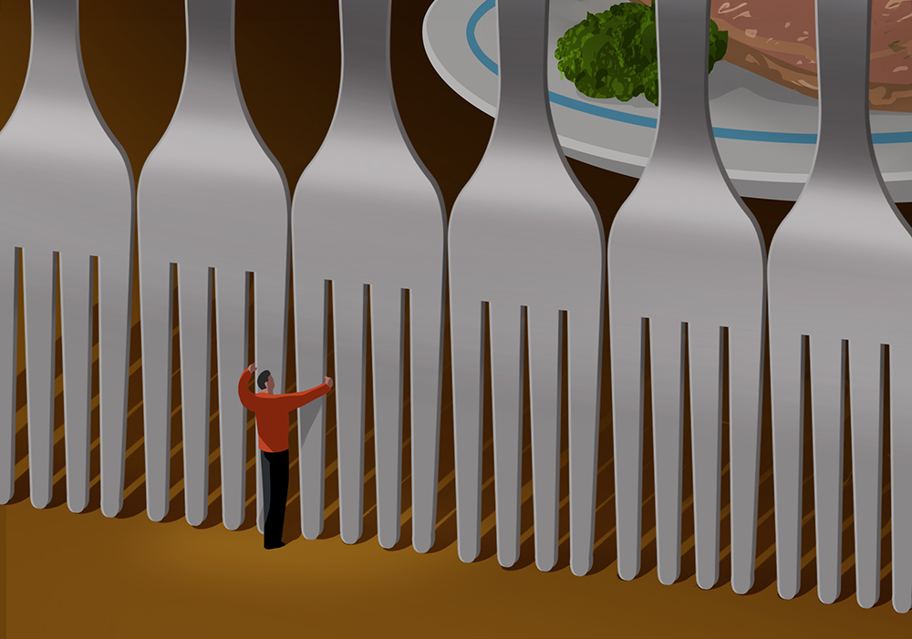 Illustration of a barrier of forks and plate of food