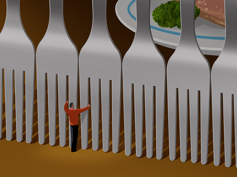 Illustration of a barrier of forks and plate of food