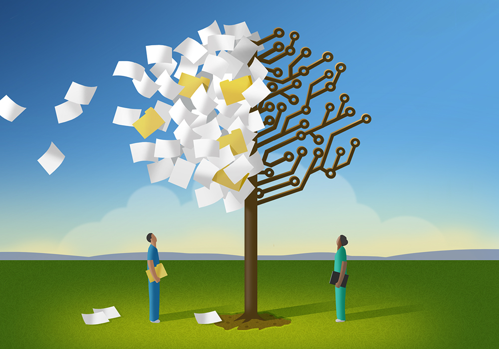 A tree containing one half paper and file folders and one half electronic circuitry